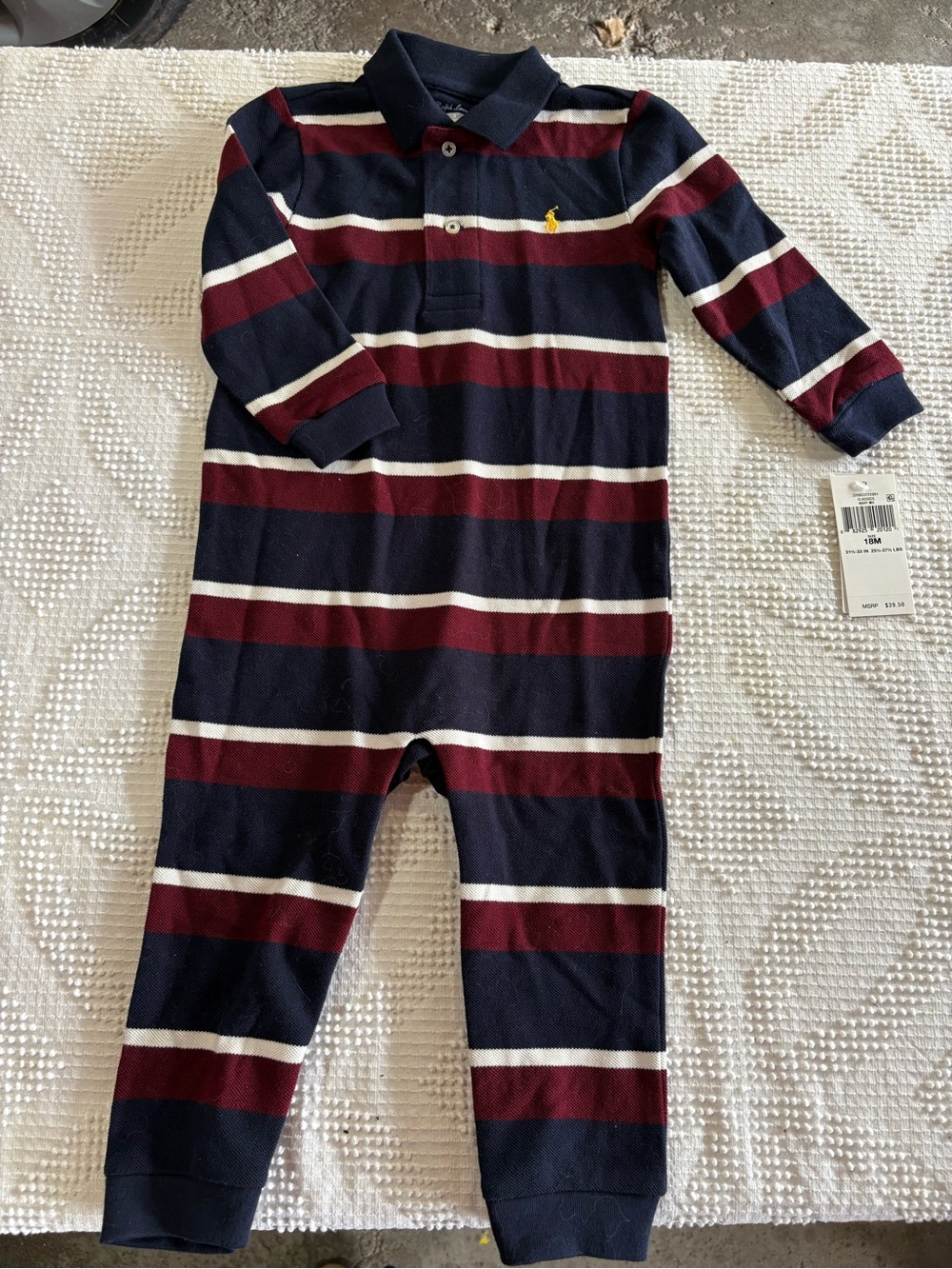 Ralph Lauren Navy, Burgundy & White Striped Polo One-Piece Coverall 18 months